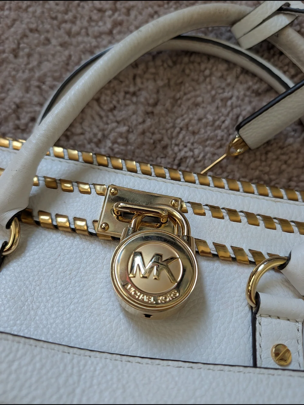 Michael Kors White Gold Hamilton Whipped Leather Satchel Handbag Purse